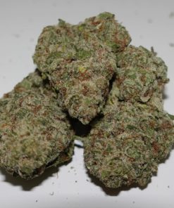 Dense Tokyo OG Kush cannabis bud covered in frosty trichomes with orange hairs and deep green leaves, known for high THC and gassy aroma.