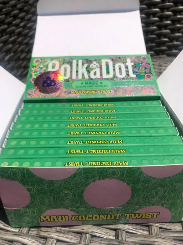 Polkadot Chocolate Bar packaging showcasing rich milk and dark chocolate options infused with THC.