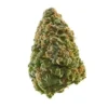 Close-up of Green Crack Kush cannabis buds with vibrant green hues, orange hairs, and a frosty trichome coating.