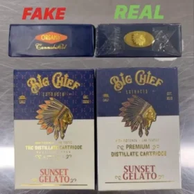 Side-by-side comparison of fake and real Big Chief vape cartridges