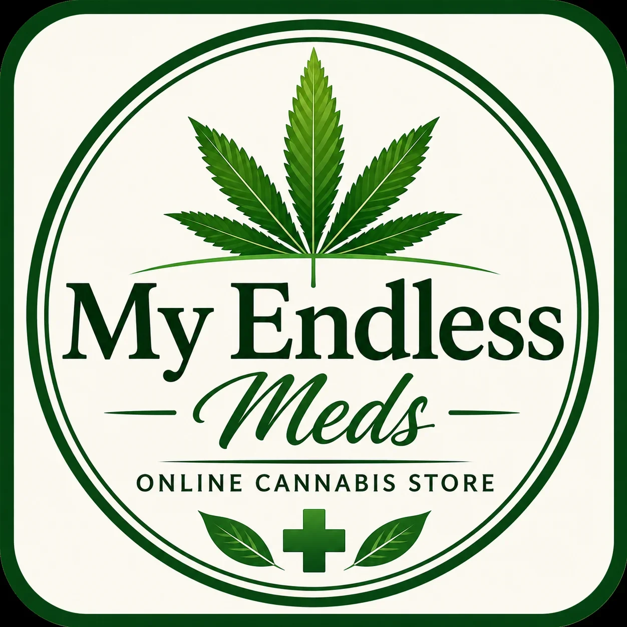 My Endless Meds Online Cannabis Store logo featuring a green cannabis leaf above the brand name inside a circular badge with a white background and green border.